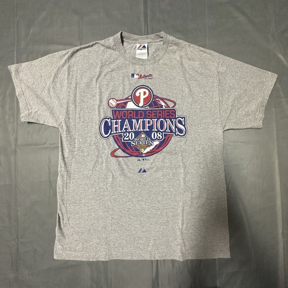Majestic Philadelphia Phillies T-Shirt Mens XL World Series Champions 2008 Gray